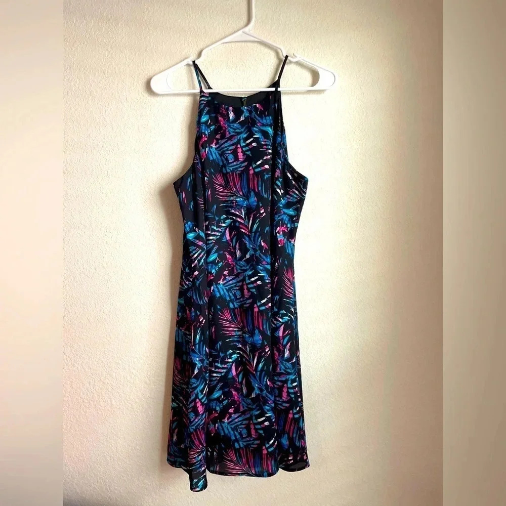 Decree tropical print palm leaves midi mock neck dress size L